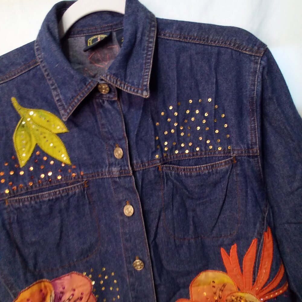 Lighthouse Apparel Jacket Women M Denim Flower Patches Sequins Button Up - Picture 4 of 15